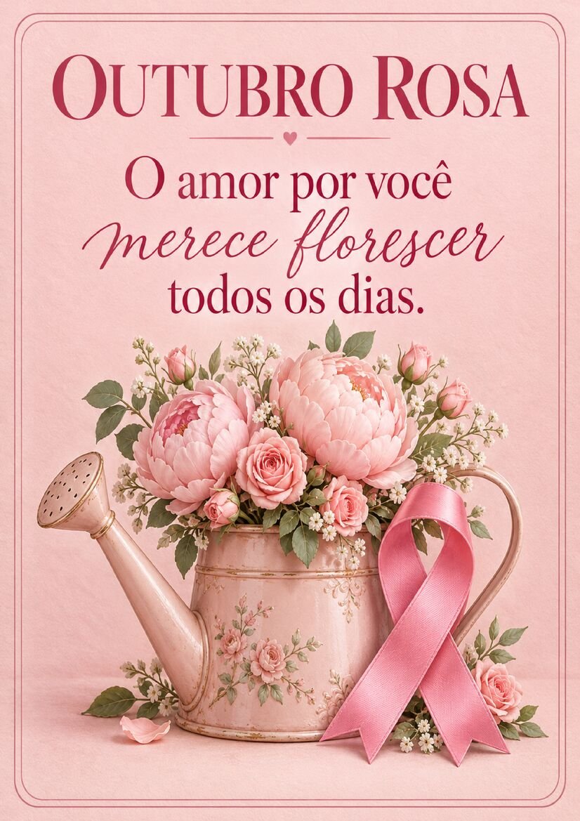 Mensagem Outubro Rosa com regador decorado cheio de flores rosas e fita de conscientização